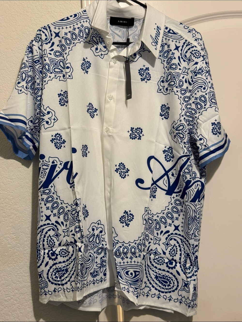 AMIRI White & Blue Bandana-Print Short Sleeve Button-Down Shirt